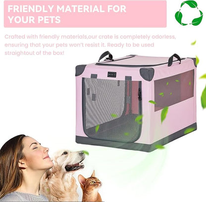 PETSFIT 40" Soft Portable Dog Crate – Patented Spiral Sturdy Frame, Collapsible Travel Kennel for Large Dogs, 3 Mesh Door, Lockable Zippers, Indoor & Car Use Pink