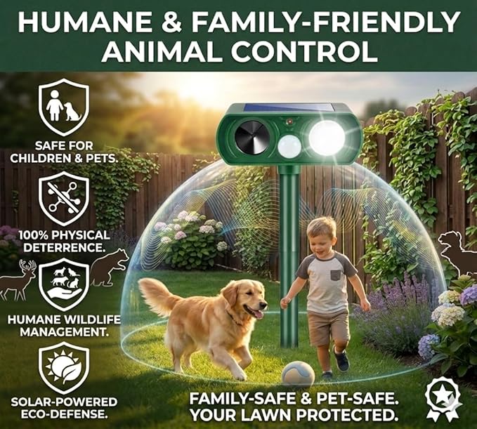 2Pack Upgraded Sonic Fortress Pro Deer Repellent Solar Animal Repellent Ultrasonic Outdoor with Motion Sensor Strobe Light for Squirrel Raccoon Rabbit Cat Skunk Deterrent Keep Pests Out of Yard Farm