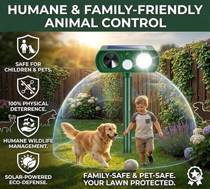 2Pack Upgraded Sonic Fortress Pro Deer Repellent Solar Animal Repellent Ultrasonic Outdoor with Motion Sensor Strobe Light for Squirrel Raccoon Rabbit Cat Skunk Deterrent Keep Pests Out of Yard Farm