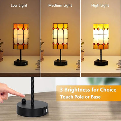 Tiffany Touch Table Lamps, 3 Way Dimmable Tiffany Lamp Set of 2 with Bulbs & USB Charging Port, Stained Glass Lamp for Nightstand, Vintage Desk Lamp for Bedroom, Small Bedside Lamp