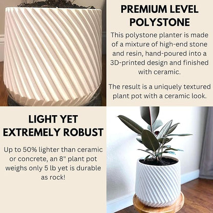 Fox & Fern Large Indoor Planter, Modern Large Plant Pot for Indoor or Outdoor, UV and Frost Resistant - 8 Inch, Matte White Flower Pot with Drainage Plug, 3D Printed Design