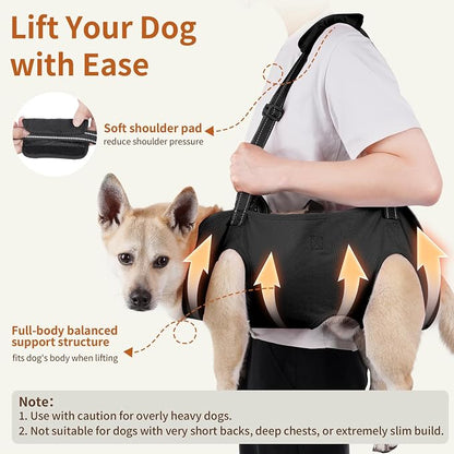 Full Body Dog Lift Harness, Support Senior & Disabled Dogs Walking | Help Up & Down Stairs Grooming, Dog Sling Backpack, Front Hind Leg Joint Injuries, Reflective, Soft Padded Handle | Black, L