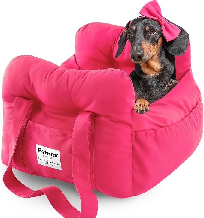 Dog Car Seat for Small Dogs, Portable Puppy Car Seat of Easy Installation, Fashionable Pet Carrier Bag with Large Pockets, Machine Washable Dog Booster Seat (Rose Red)