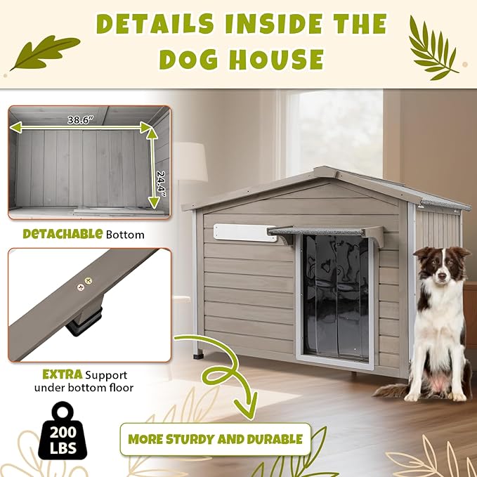 PetsCosset 40.2" L Large Dog House Outdoor & Indoor,Fir Wood Dog Kennel with Weatherproof Openable Asphalt Roof,Spacious Doghouse with Anti-Chewing Metal Edges for Small & Medium & Large Dogs,Grey