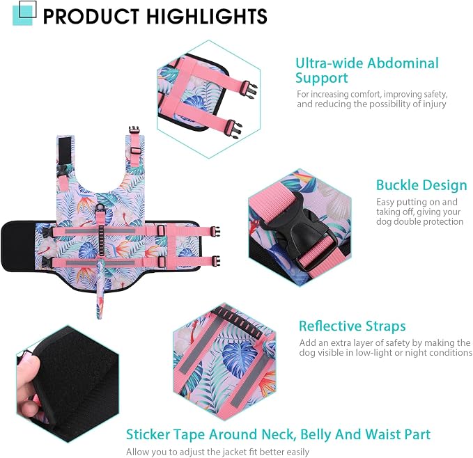 Shark Dog Life Vest for Swimming, Pet Life Vests for Boating, High Buoyant DogLife Jacket, Ripstop High Flotation Swimsui for Small, Medium, Large Dogs (HawaiiPink,L)