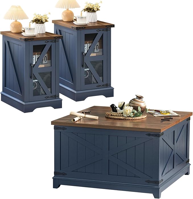 Farmhouse Coffee Table Sets 3 Pieces, Narrow Night Stand with Glass Barn Door Storage, Large Coffee Tables with Hidden Storage Organizer, Wood Furniture Sets for Living Room, Office, Blue
