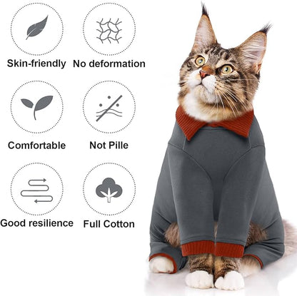 QBLEEV Cat Pajamas for Cats Only, Sticky Hair Cat Clothes, Cat Onesie for Cats After Surgery Female Male, Surgical Cat Recovery Suit Full Bodysuit, Long Sleeve Cat Shirts Outfits to Prevent Licking