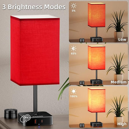 Bedroom Table Lamp with Remote Operation Control,Dimmable Bedside Table Desk Light with USB C+A Charging Ports 2 AC Outlets,Nightstand Lamp White Shade Lamp for Living Room,Dorm,Home Office,Decor