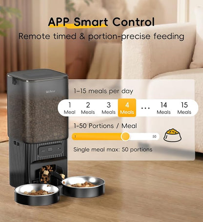 7L Automatic Cat Feeder 2 Cats, 5G WiFi Dog Food Dispenser with APP Control | APP Control, Dual Power Supply, Up to 12 Meals Per Day, 10s Voice Recorder, 2 Stainless Steel Bowls