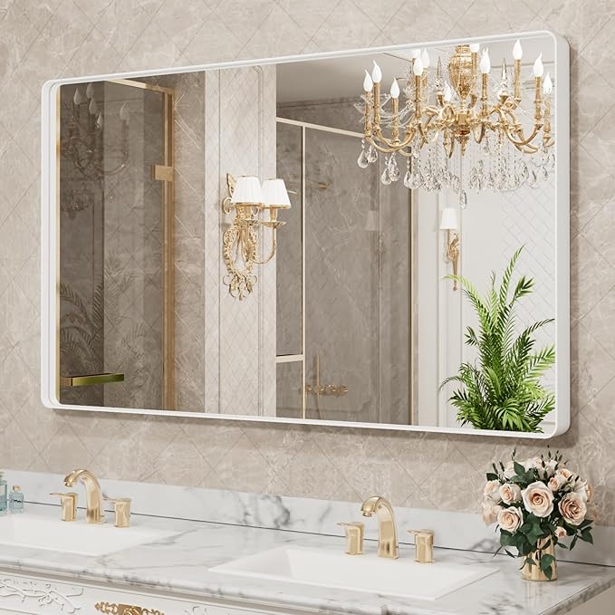 LOAAO 60x28 Inch White Metal Framed Bathroom Mirror
