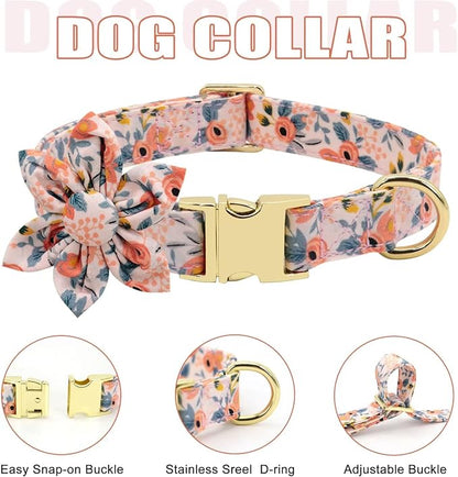 Beirui Cute Dog Collars,Harnesses,Leashes Set, Floral Pattern, Orange,M | Girl Dog Harness Set with Flower, Adjustable and Soft Mesh Lining, For Medium Dogs Daily Walks