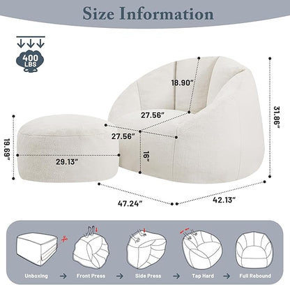 Giant Bean Bag Chaise Lounge Indoor Chair for Adults with Ottoman - Comfy Plush Round Shell Soft Accent Chair, Oversized Cozy Floor Sofa for Living Room, Bedroom & Game Rooms, Beige