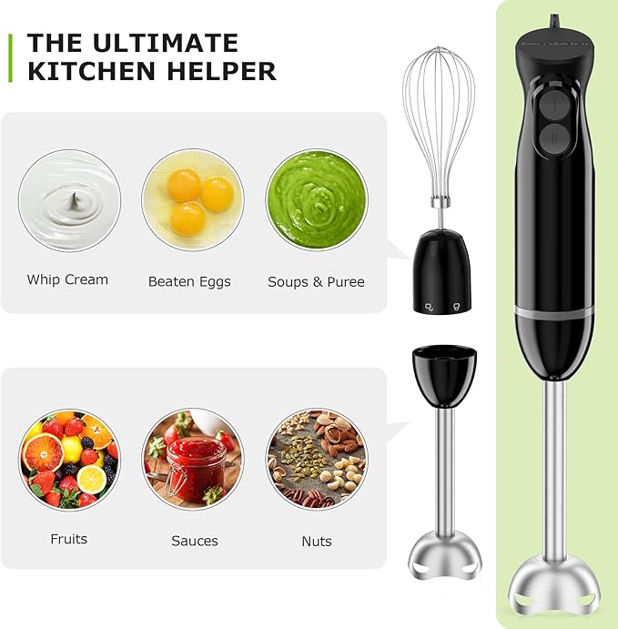Bonsenkitchen Immersion Blender Handheld, 2 Mixing Speed Hand Blender Electric