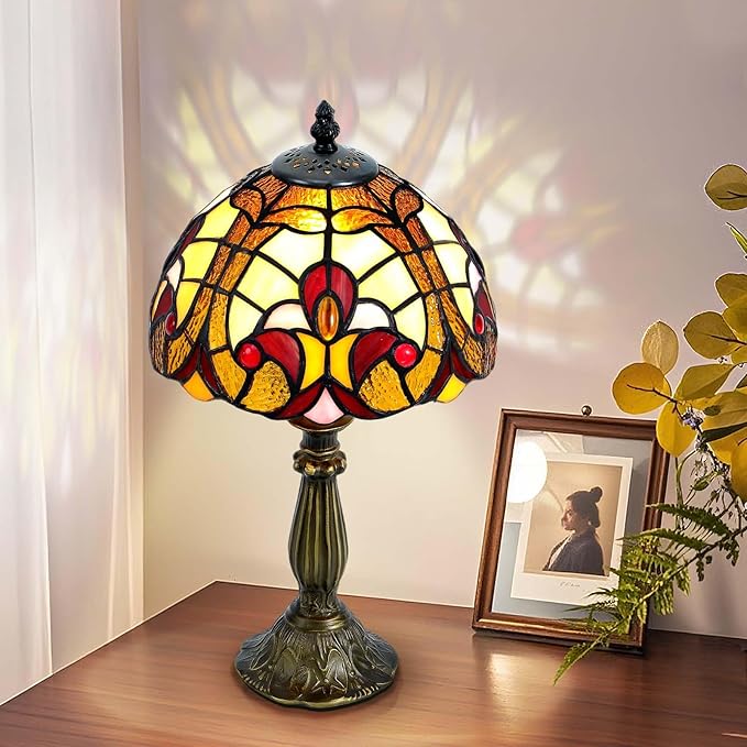 Grand 8-Inch Tiffany Style Table Lamp,Handcrafted Baroque Stained Glass Lamp with LED Bulb,Elegant Tiffany Lamps for Living Room, Office, Bedroom Decor.