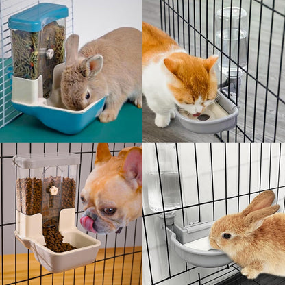 Automatic Pet Food Water Dispenser, Auto Gravity Pet Feeder Water Bottle Set for Crate, Feeding Station for Small Dog Cat Rabbit Guinea Pigs Chinchilla Ferret Hedgehog (Gray)