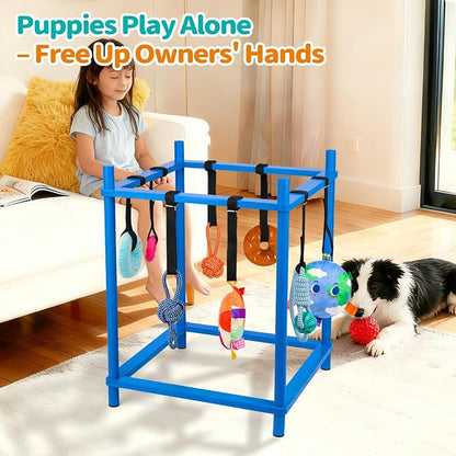 Wooden Puppy Play Gym for Small Dog with 8 Hanging Toys, Blue Frame | Wood Puppy Jungle Gym Indoor & Dog Enrichment Toys for Puppies 0-6 Months