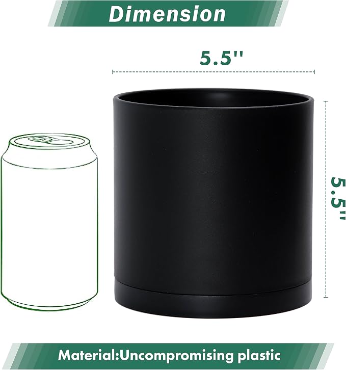 D'vine Dev 4 Pack 5.5 Inch Modern Plastic Plant Pots, Small Garden Planters for Plant with Drainage Holes and Saucers, Black Color, 74-Y-H-2