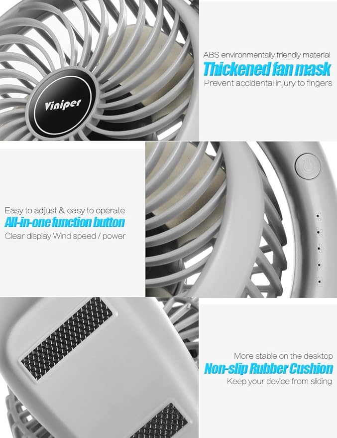 Viniper Portable Rechargeable Fan, Small Desk Fan : 3 Speeds & about 8-24 Hours