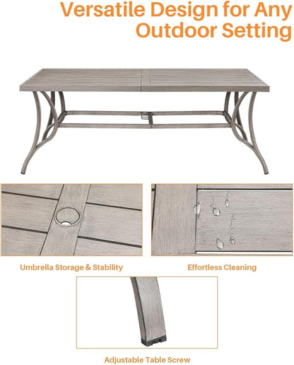 SEEHILL Patio Dining Table for 8, Aluminum Outdoor Dining Table with Umbrella Hole, 84" x 38.6" Rectangular Patio Table for Outside, Outdoor Patio Table for Deck, Garden Poolside, Limed Oak