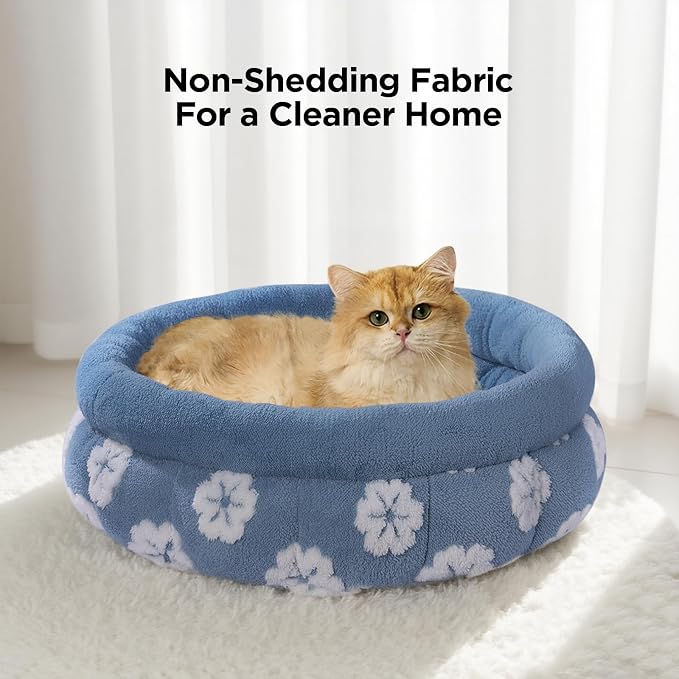 BALANCE Cat Beds for Indoor Cats, Washable Round Cat Bed, Cute 3D Flower Kitten Bed with Anti-Slip Bottom for Puppy and Kitten, 20 Inches, Blue