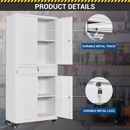 73" Metal Cabinet-White Heavy Duty Rolling Storage Cabinet Steel Tool Cabinets