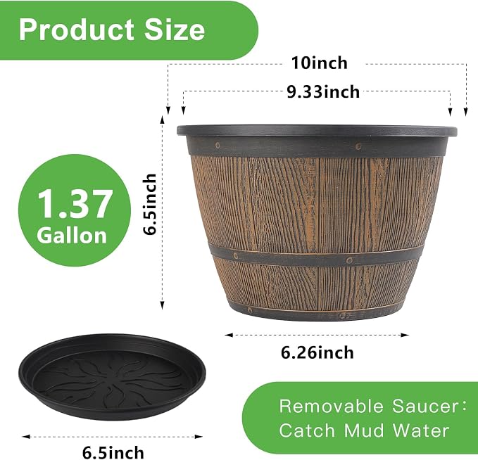 10-inch-Plant-Pots-Indoor-Outdoor, 4 Pack Whiskey Barrel Planters with Drainage Holes & Saucer, Plastic Flower Pots Imitation Wine Barrel Design, Decorative Garden Pots for Plants