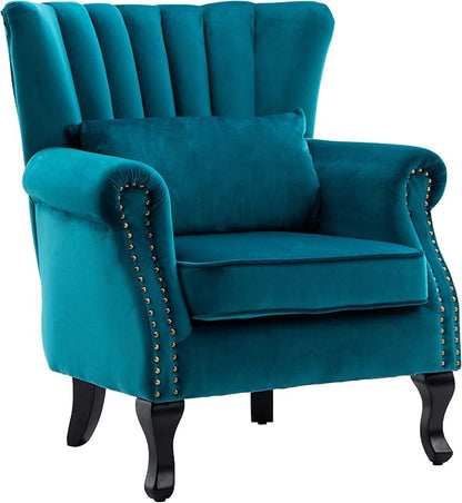 DM Furniture Mid Century Accent Chair Modern Tufted Wingback Armchairs Club Chair Velvet Single Sofa Lounge Chair with Pillow for Living Room, Teal Blue