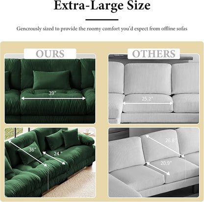 94.4" Loveseat Sofa, 2 Seater Modular Sectional Sofa, Green Large L Shaped Sectional Couches for Living Room, Fluffy Chenille Fabric Cloud Couch with Ottoman