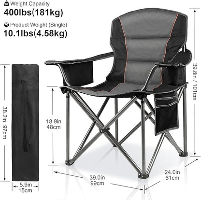 LANMOUNTAIN Oversized Padded Camping Chairs for Adults,Heavy Duty Support 400 Lbs,Folding Portable Lawn Chair w/Cup Holder,Cooler Bag,Side Pocket,Perfect for Outdoor Picnic,Hiking(Black)