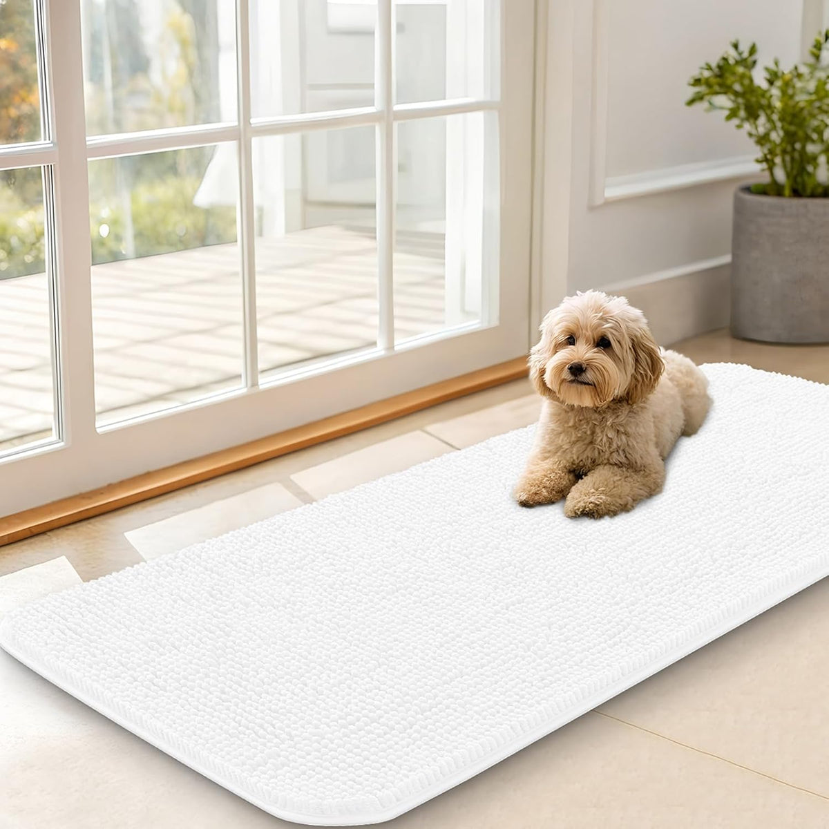 OLANLY Dog Door Mat for Muddy Paws 47x20, Absorbs Moisture and Dirt, Absorbent Non-Slip Washable Doormat, Quick Dry Chenille Mud Mat for Dogs, Entry Indoor Entryway Carpet for Inside Floor, White