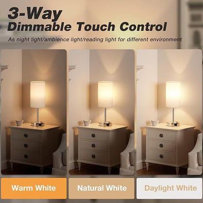 17.4Inch Bedside Touch Table Lamps for Bedroom Nightstand with USB-C USB-A Charging Ports White - 3 Way Dimmable Control Small Lamp Fabric Shade Silver Base for Office, Dorm Room, Living Room, Reading
