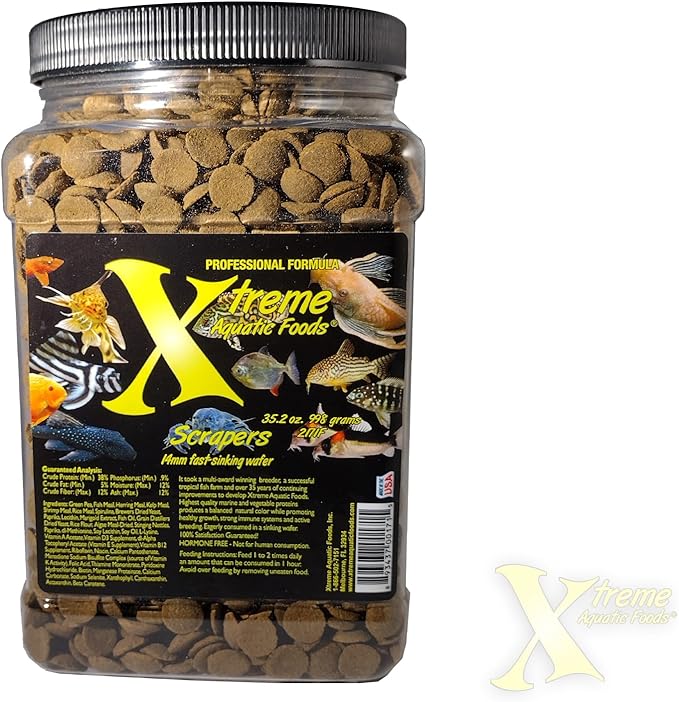 Xtreme Scrapers Wafers - Premium 14mm Fast-Sinking Fish Food – Nutrient & Cellulose Rich Ideal for Nocturnal Feeders, Catfish, Plecostomus Species, and Loaches – USA Farm Grown (35oz)