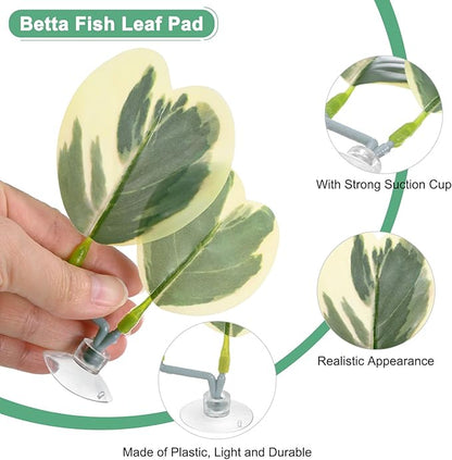 M METERXITY 2-Pack Betta Fish Leaf Pad, Hammock Plant Leaf Pad, Realistic Resting Fish Rest Bed for Fish Tank Decorations/Aquarium Accessories/Breeding [Green and White, Grape Leaves-Shaped]