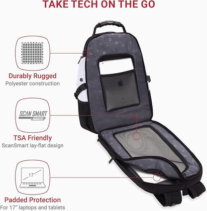 SWISSGEAR 1900 ScanSmart TSA Laptop Backpack Fits 17 Inch Laptop with RFID Protection and Tablet Pocket, White/Black, 19-Inch