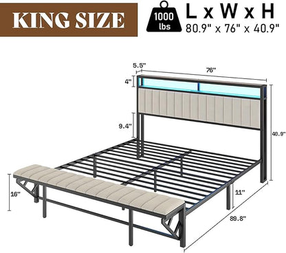 King Bed Frame with LED Light and Charging Station, Velvet Upholstered Headboard with Storage Shelf, Heavy Duty Metal Slats/No Box Spring Needed/Easy Assembly, Beige