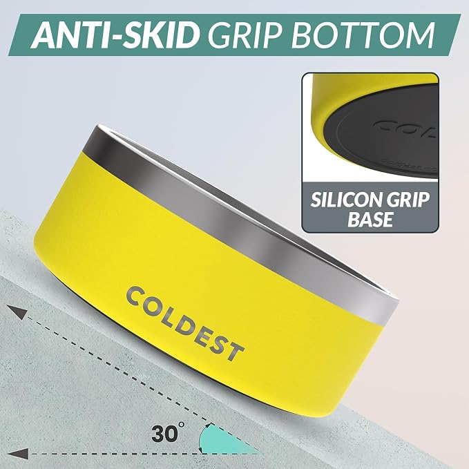 Coldest Dog Bowl - Anti Rust Metal, Non Slip, 3 Layers Insulated Stainless Steel Dog Bowls - Spill Proof & Heavy Duty - Water Bowl for Dogs, Cats & Pets, Dish Washer Safe (100 oz, Solar Yellow)