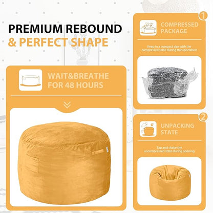 HABUTWAY Bean Bag Chair 3Ft Luxurious Velvet Ultra Soft Fur with High Rebound Memory Foam Bean Bag Chairs for Adults Plush Lazy Sofa with Fluffy Removable Sponge 3' (Mustard)