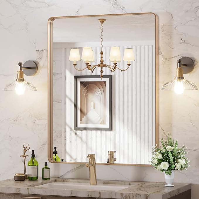 LOAAO 28”X36” Gold Bathroom Mirror, Rounded Rectangle Gold Frame Mirror
