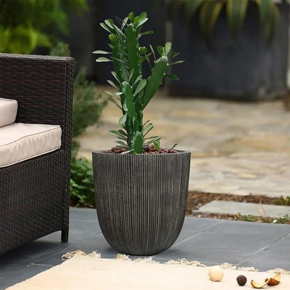 Vintage Black Faux Cement Ribbed Planter, 14.8"H Tall Tapered Egg-Shaped Plastic Plant Pot with Drainage Hole & Plug, Large Modern Indoor Outdoor Flower Pot for Home, Garden, Patio and Houseplants