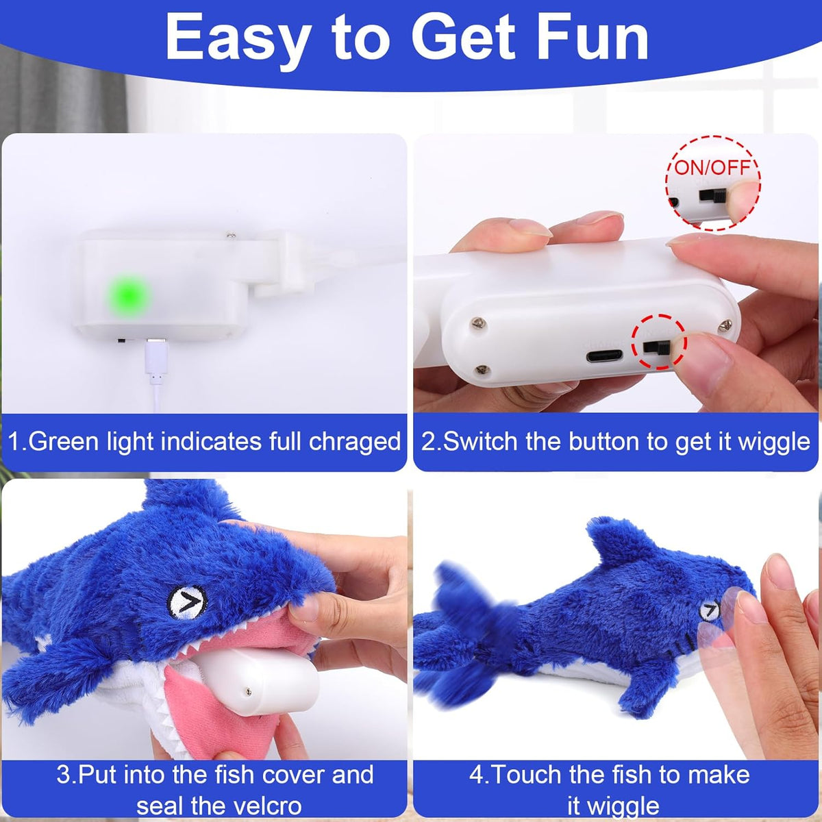Mity rain 2 in 1 Interactive Dog Toys, Shark Dog Toy to Keep Them Busy, Plush Squeaky Dog Toys, Rechargeable Wiggly Fish Blue Dog Toys for Small Medium Large Dogs, Moving Dog Toys for Indoor&Outdoor