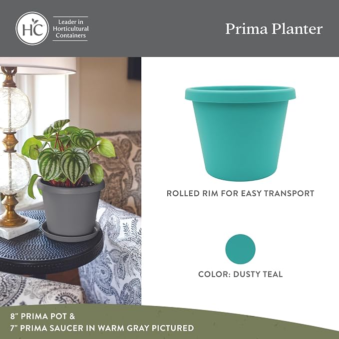 The HC Companies Prima Round Plastic Plant Pot w/Rolled Rim - Lightweight & UV Resistant Flower Pot for Herbs & More - Outdoor & Indoor Plant Pots w/Drainage (10 inch, Dusty Teal, Pack of 1)