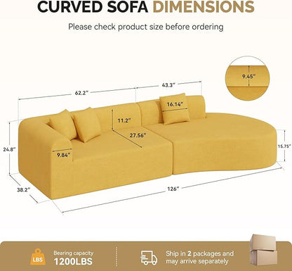 128" Oversized Modern Curved Sofa,Boneless Cloud Sectional Couch with Deep Seat,No Assembly Required Chenille Couches for Living Room,Yellow,1 PCS