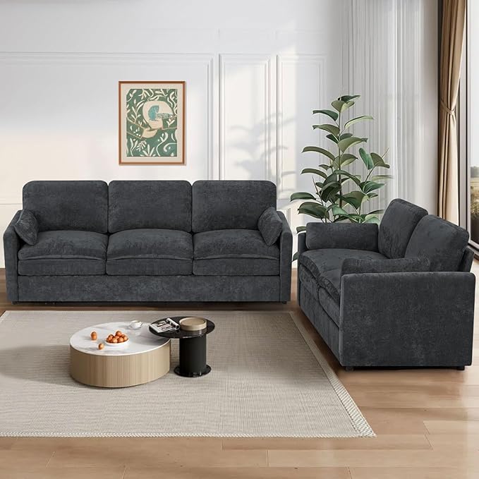 2 Pieces Chenille Sofa Set w/Throw Pillows, Upholstered Loveseat & 3 Seater Sofa w/Comfortable Back Cushions, Modern 2-Seat & 3-Seat w/High-Density Foam for Living Room, Apartment, Grey