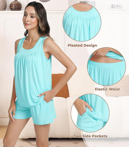 NACHILA Pajamas for Women-Viscose from Bamboo, Ribbed Racerback Tank Top Sexy Split Shorts Pajama Sets Cooling Sleep Cami Pjs