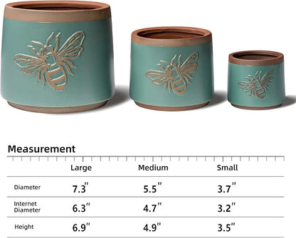 YBX Terracotta Pots Inch with Drainage Holes, Bee Decor, Ceramic Pots for Indoor Plants Flower Pots Outdoor, Succulent, Herbs, Snake Plants (Turquoise, 8+6+4 Inch)
