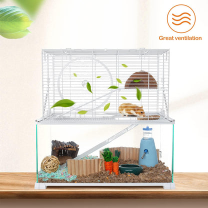 OIIBO 3 Tiers Large Hamster Cages Glass, Heightened Wire Topper with Two Shelf and Two Ladders Ramps, Openable Top, Easy to Clean Removeable Waterproof PVC Tray Medium