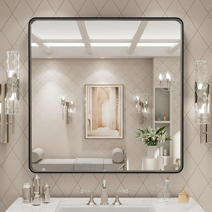 LOAAO 30x30 Inch Black Metal Framed Bathroom Mirror