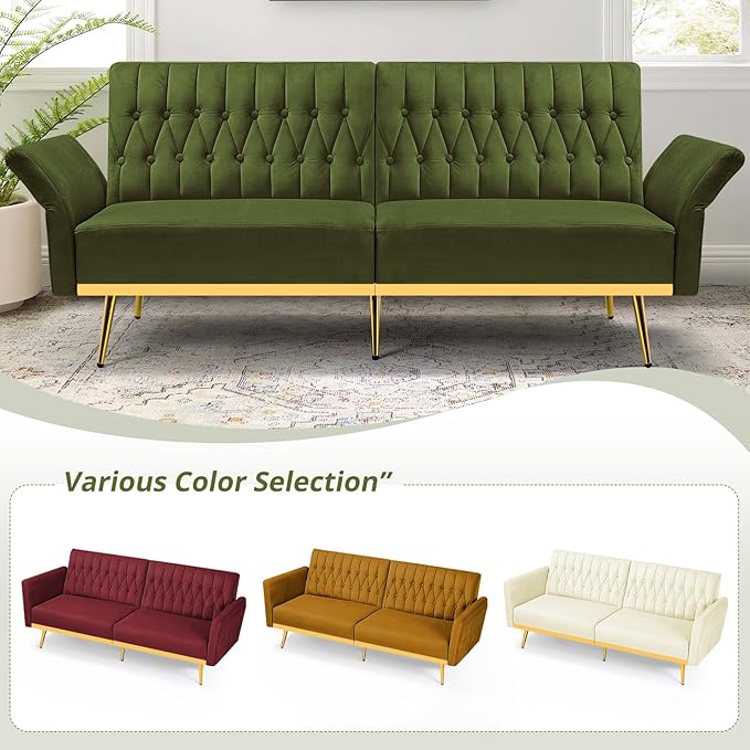 70” Velvet Futon Sofa Bed w/Adjustable Armrests & 2 Pillows, Convertible Futon Couch w/Adjustable Backrests, Modern Sleeper Bed for Living Room, Bedroom, Olive Green