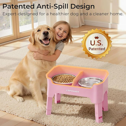 URPOWER Mess Proof Elevated Dog Bowls 4 Height Adjustable Raised Bowl Stand with 2 Stainless Steel Dog Bowls Non-Slip Food and Water Bowl Set for Small, Medium, Large Dogs, Pink