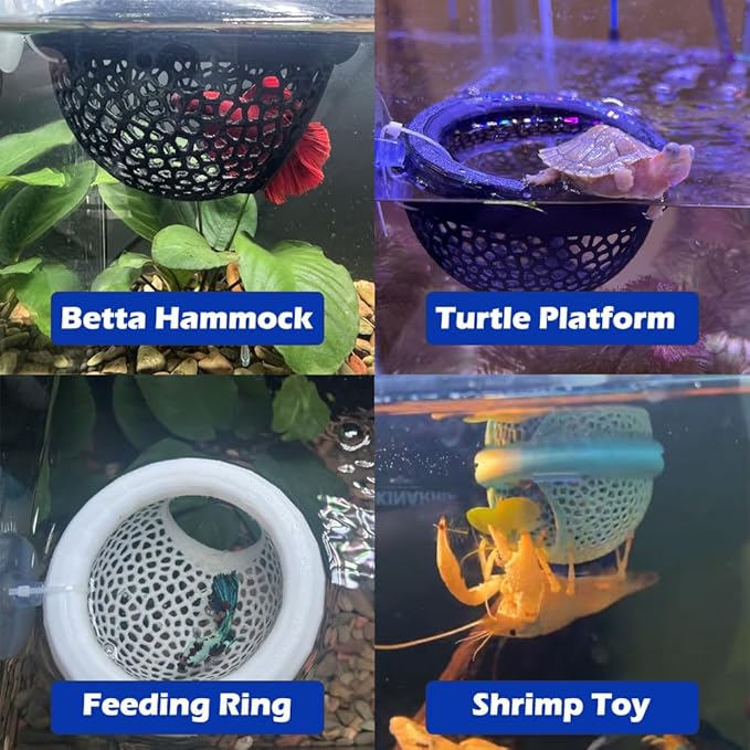Floating Betta Hammock with Suction Cup, Shrimp Cave, Betta Fish Feeding Rings,3D Printed Aquarium Decor (White, Large)
